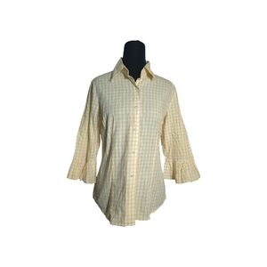 Lucy & Laurel Medium Yellow Gingham 3/4 Ruffle Sleeve Button-Up Shirt Farmcore